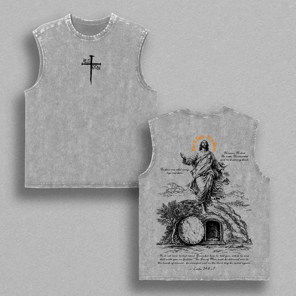 He Is Risen Easter T-Shirt Jesus Empty Tomb Resurrection Luke 24:6 Faith Christian Vintage Washed Oversized Jeus Tee