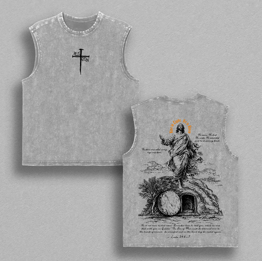 He Is Risen Easter T-Shirt Jesus Empty Tomb Resurrection Luke 24:6 Faith Christian Vintage Washed Oversized Jeus Tee