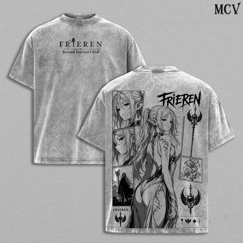 Frieren Beyond Journey's End Vintage Washed Tee, Frieren Elf Mage Gothic Tattoo Art, Dark Fantasy Anime Manga Graphic T-Shirt, Heavy Cotton Oversized Retro Streetwear, Unisex Fantasy Journey Merch