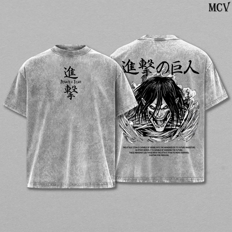 Attack Titan Eren Unleashed – Attack on Titan Vintage Washed Heavyweight Cotton Anime Graphic T-Shirt Streetwear