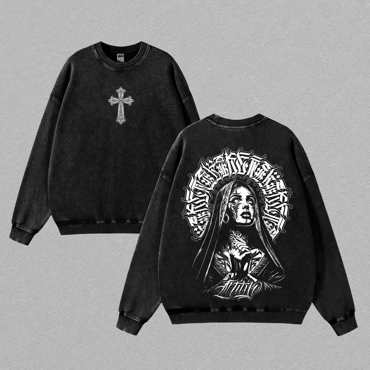 Praying Nun Vintage Washed Tee | Tattoo Art Inspired Streetwear | Glory Threads Faith & Grit Design | Gothic Cross Prayer Graphic Shirt | Urban Christian Aesthetic Tee Jesus Apparel