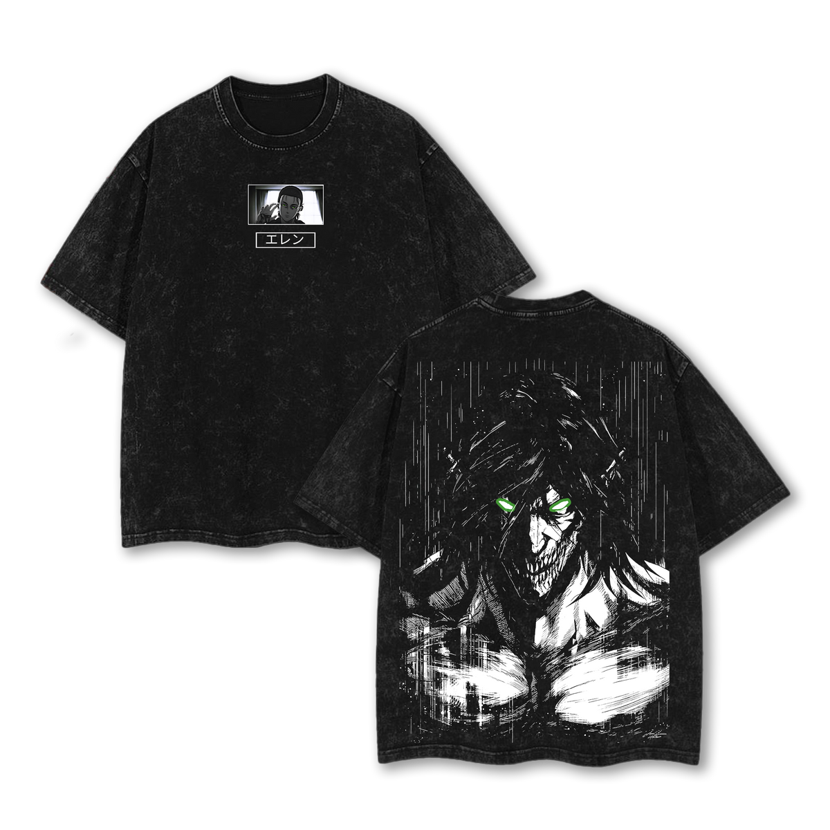 Retro Heavy Eren Yeager x Attack On Titan Anime Double Printed Men's Vintage Tees Washed Tee
