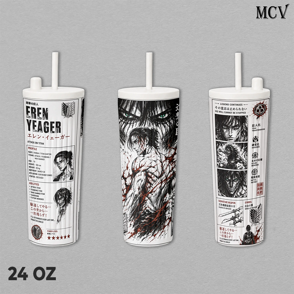 Eren Yeager Attack on Titan Tumbler 17oz 24oz 30oz, Premium Insulated Stainless Steel Travel Mug with Lid and Handle, Eren Yeager Anime Graphic Design, Reusable Coffee Water Cup, Gift for Attack on Titan Fans