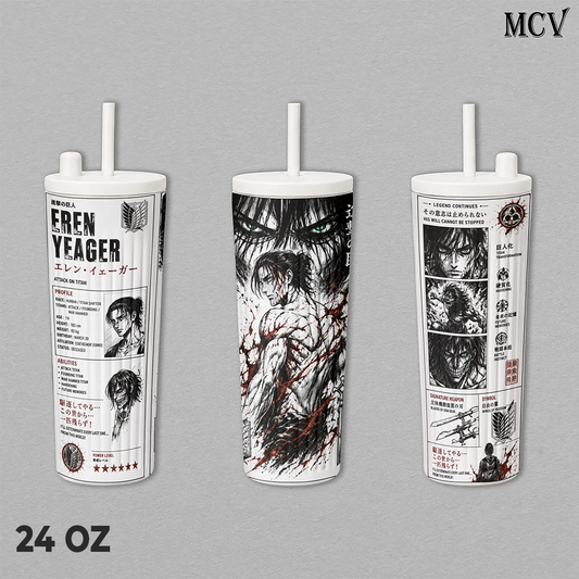 Eren Yeager Attack on Titan Tumbler 17oz 24oz 30oz, Premium Insulated Stainless Steel Travel Mug with Lid and Handle, Eren Yeager Anime Graphic Design, Reusable Coffee Water Cup, Gift for Attack on Titan Fans