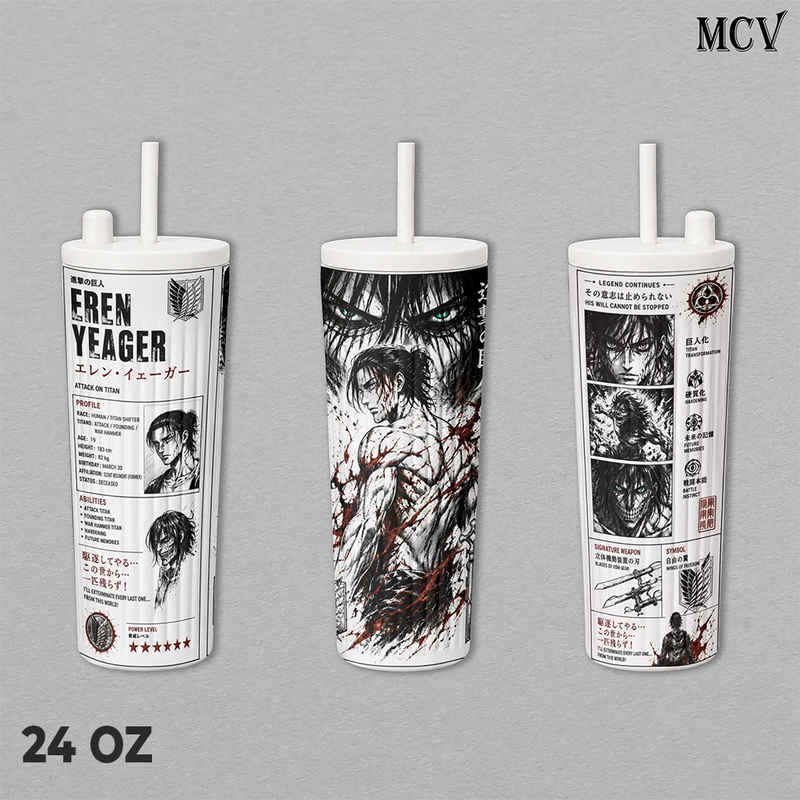 Eren Yeager Attack on Titan Tumbler 17oz 24oz 30oz, Premium Insulated Stainless Steel Travel Mug with Lid and Handle, Eren Yeager Anime Graphic Design, Reusable Coffee Water Cup, Gift for Attack on Titan Fans