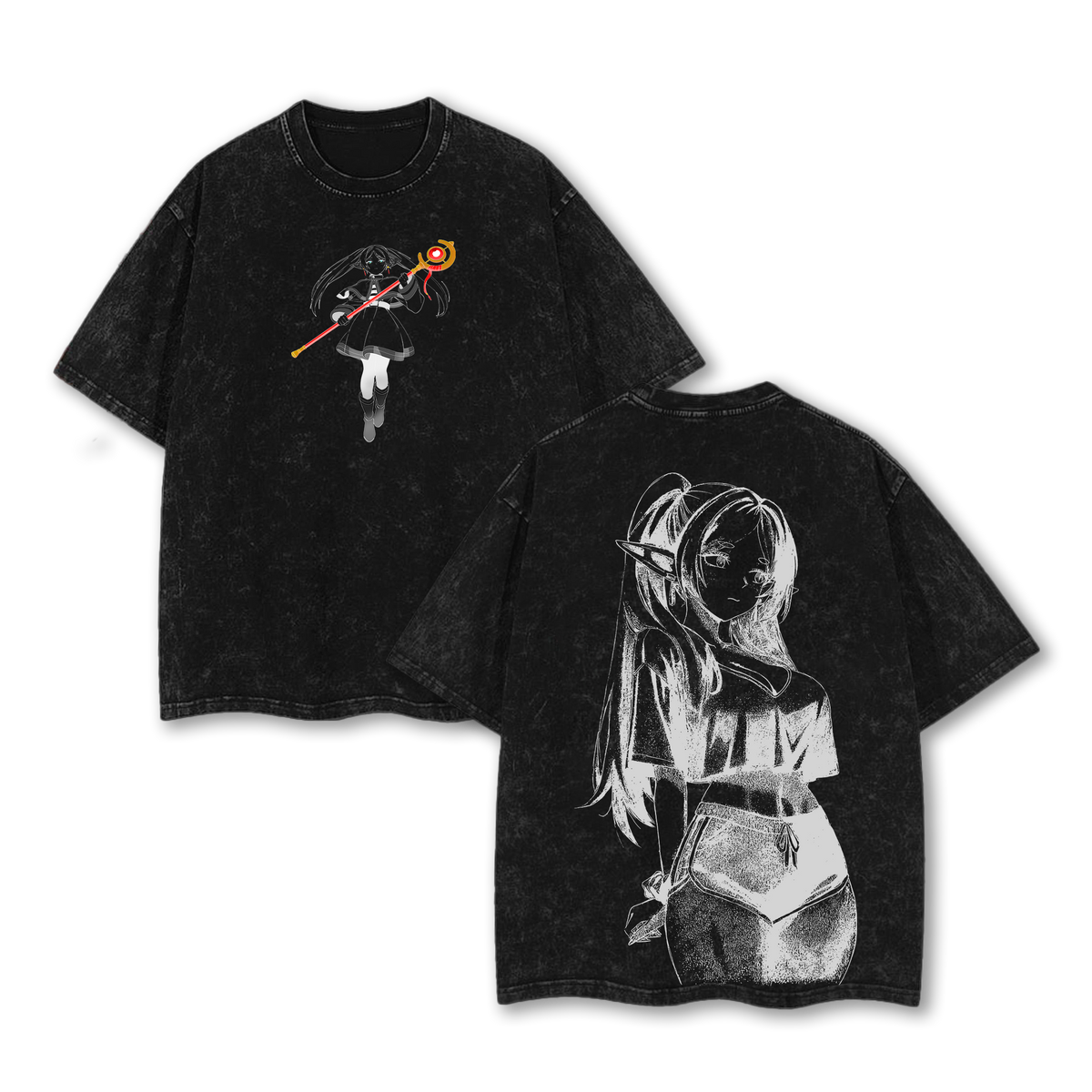 Frieren: Beyond Journey's End Anime Double Printed Vintage Washed Tee Unisex Oversize Heavyweight Cotton T-shirt for Anime Fans and Lovers
