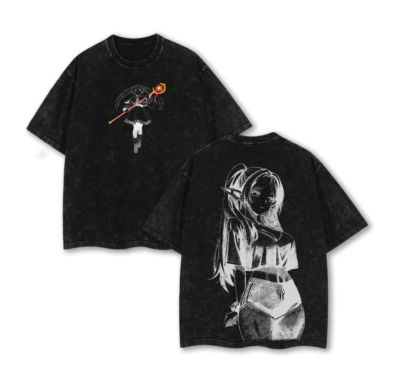 Frieren: Beyond Journey's End Anime Double Printed Vintage Washed Tee Unisex Oversize Heavyweight Cotton T-shirt for Anime Fans and Lovers