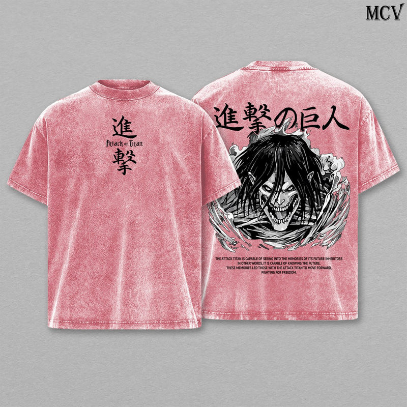 Attack Titan Eren Unleashed – Attack on Titan Vintage Washed Heavyweight Cotton Anime Graphic T-Shirt Streetwear