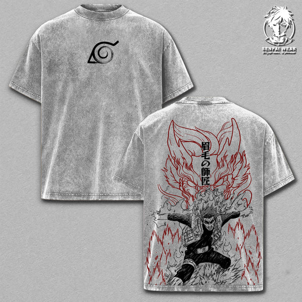 Might Guy Oversize T-Shirt – NRT Anime Double Printed Graphic Tee, Acid Washed Heavy Cotton Shirt, Vintage Manga Streetwear, Unisex Casual Wear, Anime Merch, Gift for Anime Fans