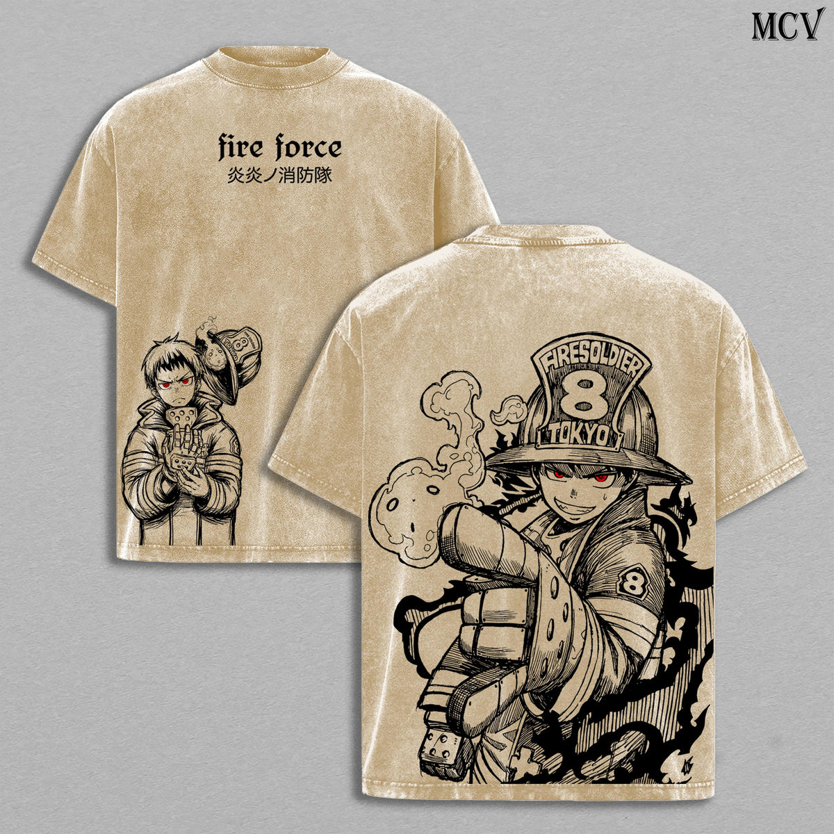 Shinra Kusakabe Tee Washed – Fire Force Vintage Washed Heavy Cotton Oversized Anime Manga T-Shirt & Hoodie Washed, Double Printed Retro Unisex Streetwear Graphic Top, Devil’s Footprints Fire Fighter Edition