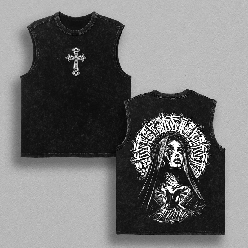 Praying Nun Vintage Washed Tee | Tattoo Art Inspired Streetwear | Glory Threads Faith & Grit Design | Gothic Cross Prayer Graphic Shirt | Urban Christian Aesthetic Tee Jesus Apparel