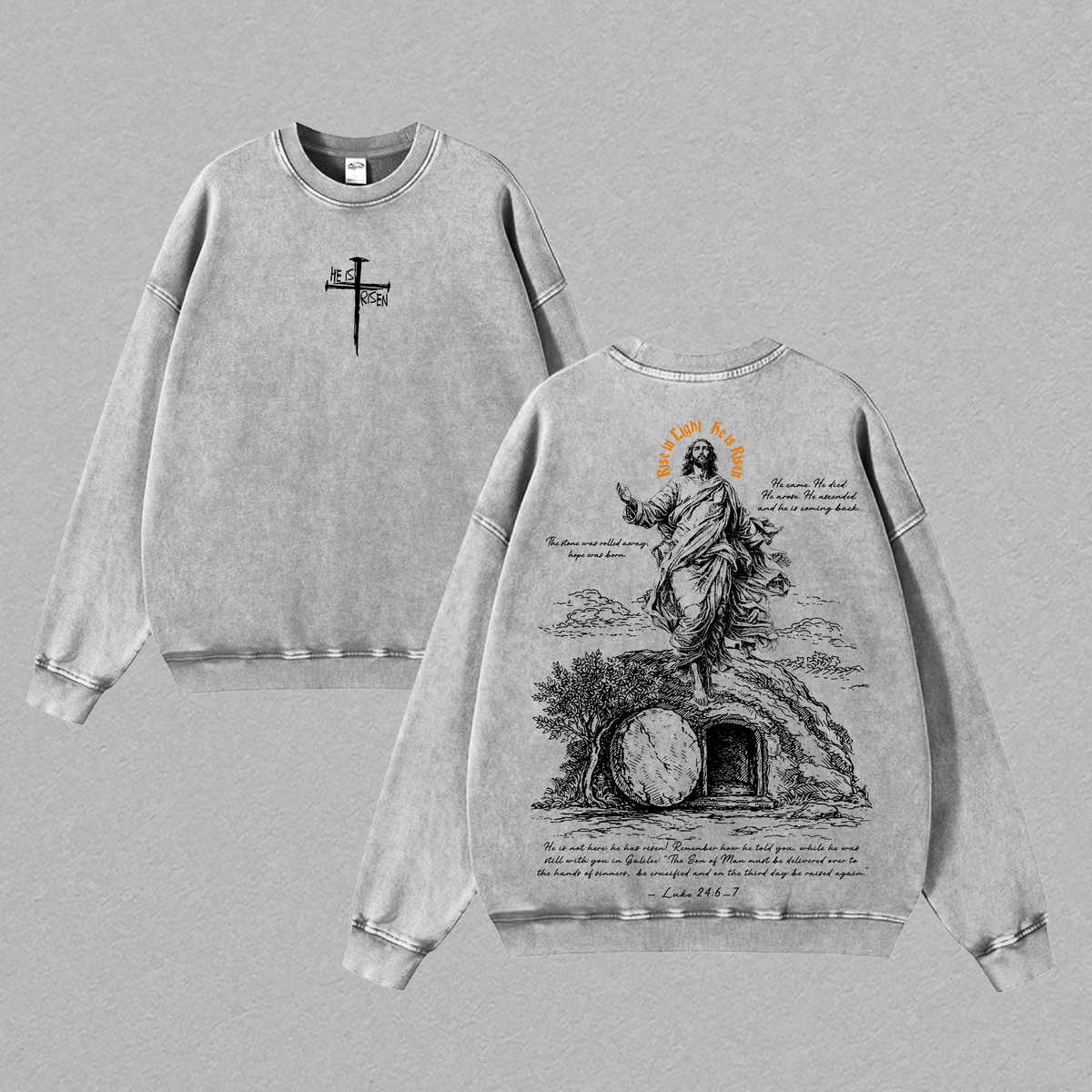 He Is Risen Easter T-Shirt Jesus Empty Tomb Resurrection Luke 24:6 Faith Christian Vintage Washed Oversized Jeus Tee