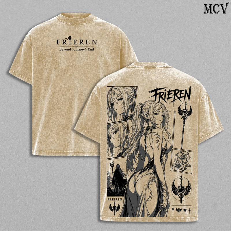 Frieren Beyond Journey's End Vintage Washed Tee, Frieren Elf Mage Gothic Tattoo Art, Dark Fantasy Anime Manga Graphic T-Shirt, Heavy Cotton Oversized Retro Streetwear, Unisex Fantasy Journey Merch