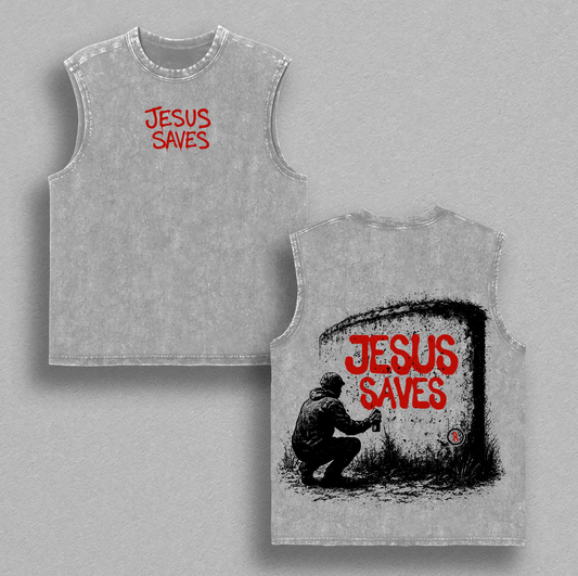 Jesus Saves Vintage Washed Oversized Christian T-Shirt, Graffiti Faith Graphic Tee, Heavy Cotton Streetwear Gospel Top, Unisex Retro Worship Shirt for Believers