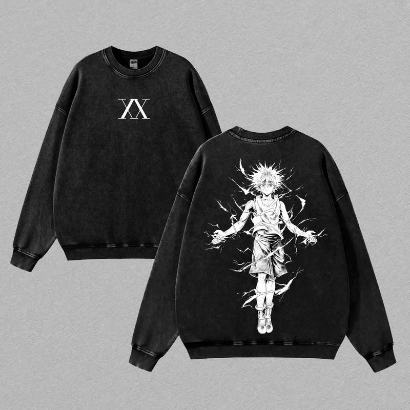 Retro Heavy Limited "Killua Zoldyck" Hunter x Hunter Anime Vintage Washed Hoodies Unisex Oversize Anime Manga Acid Washed Heavyweight Cotton , Anime Lover Clothing Menswear