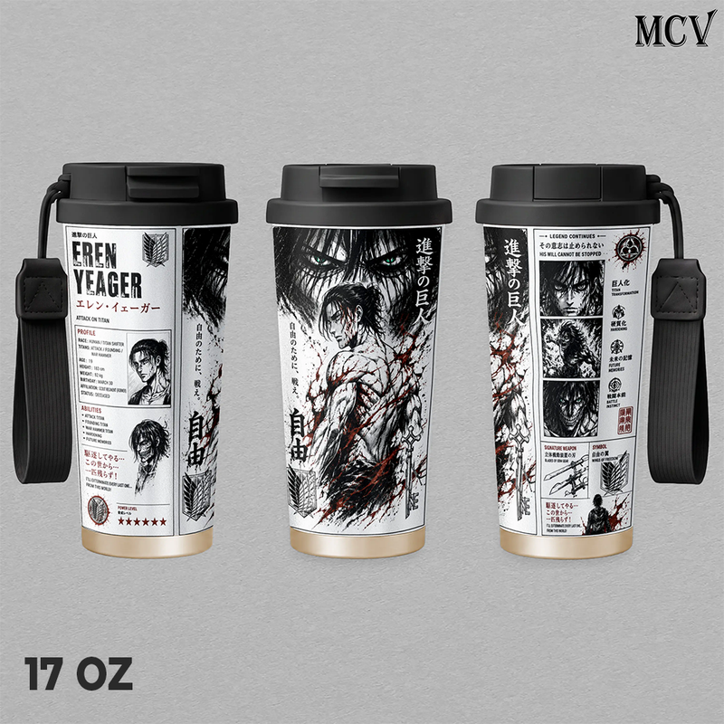 Eren Yeager Attack on Titan Tumbler 17oz 24oz 30oz, Premium Insulated Stainless Steel Travel Mug with Lid and Handle, Eren Yeager Anime Graphic Design, Reusable Coffee Water Cup, Gift for Attack on Titan Fans