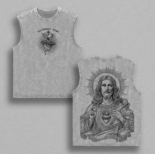 Sacred Heart Jesus Shirt / Sweatshirt / Hoodies Vintage Washed Oversized Tee | Christian Streetwear Heavy Cotton T-Shirt | Thy Kingdom Come Front & Jesus Art Back | Faith Inspired Gift Christmas Outfit