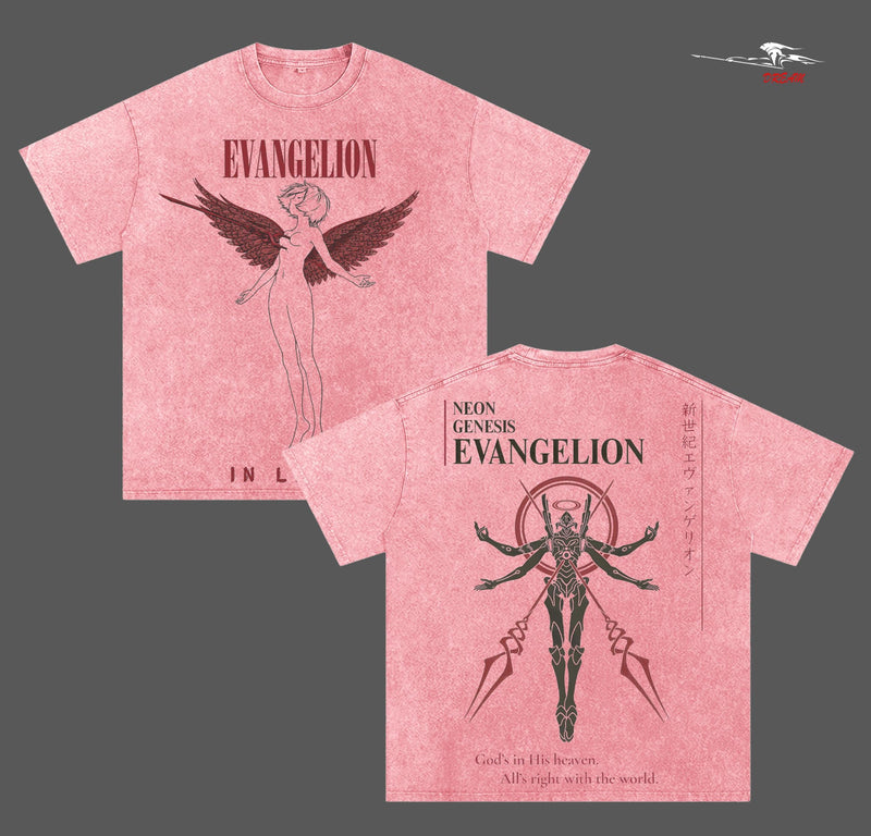 Neon Genesis Evangelion Anime Double Printed Vintage Washed Tee Unisex Oversize Anime Manga Washed Heavyweight Cotton T-shirt