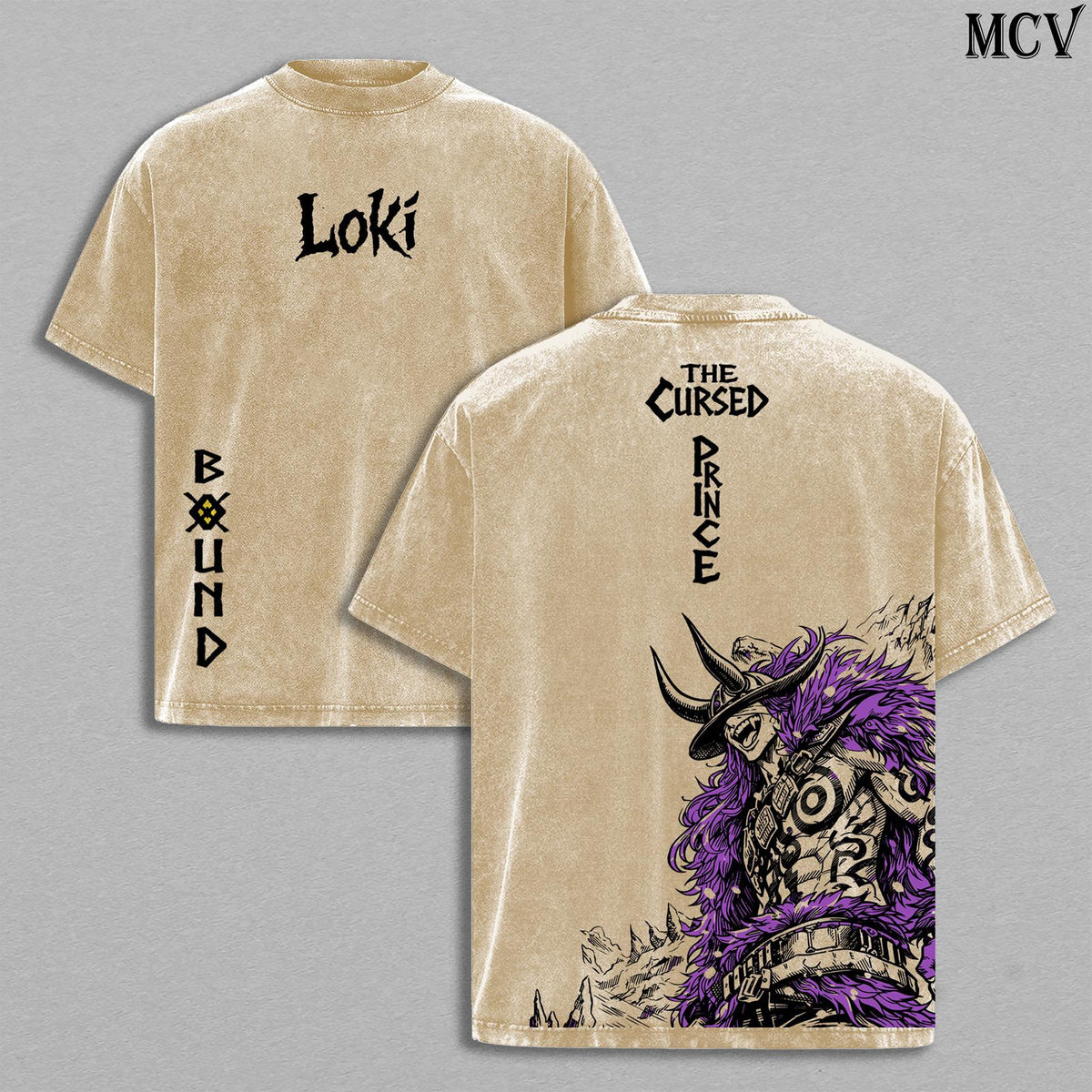 Loki The Cursed Prince Anime Vintage Washed T-Shirt, Bound Mark Graphic Tee, Elbaph Warrior Streetwear Heavy Cotton Shirt