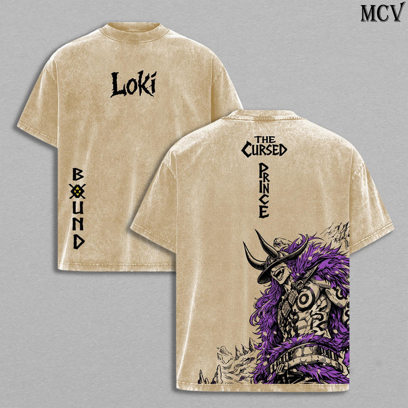 Loki The Cursed Prince Anime Vintage Washed T-Shirt, Bound Mark Graphic Tee, Elbaph Warrior Streetwear Heavy Cotton Shirt