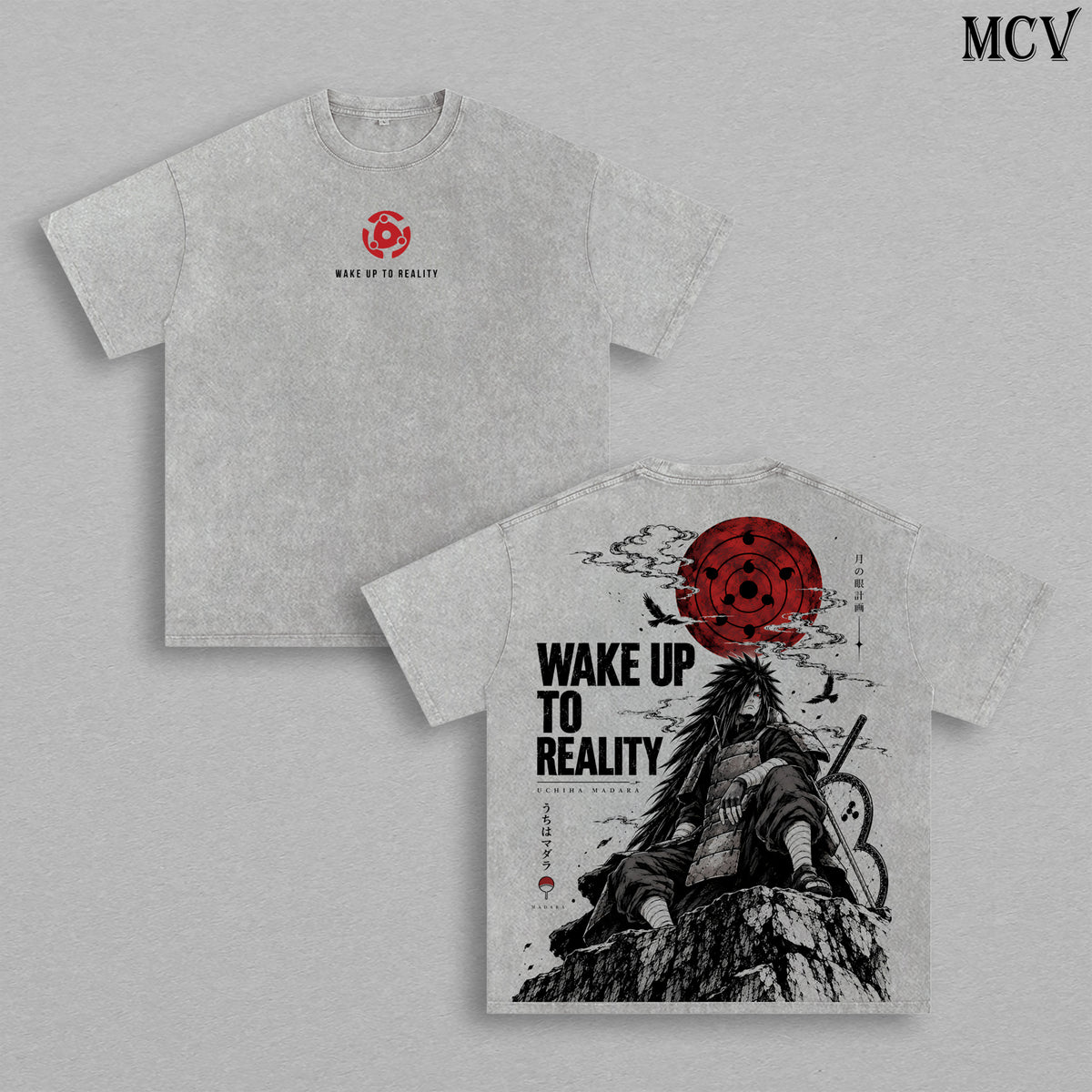 Madara Uchiha Naruto Shippuden Vintage Washed Oversized T-Shirt, Double-Sided Wake Up to Reality Anime Graphic Tee, Red Sharingan Moon Design, Retro 90s Y2K Streetwear, Unisex Naruto Fan Gift