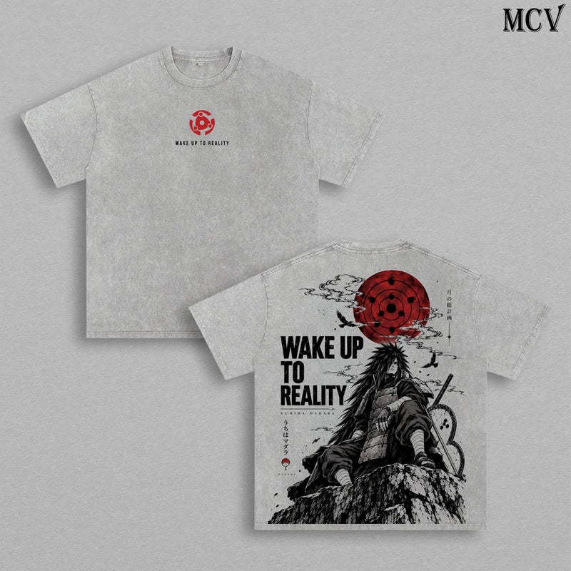 Madara Uchiha Naruto Shippuden Vintage Washed Oversized T-Shirt, Double-Sided Wake Up to Reality Anime Graphic Tee, Red Sharingan Moon Design, Retro 90s Y2K Streetwear, Unisex Naruto Fan Gift