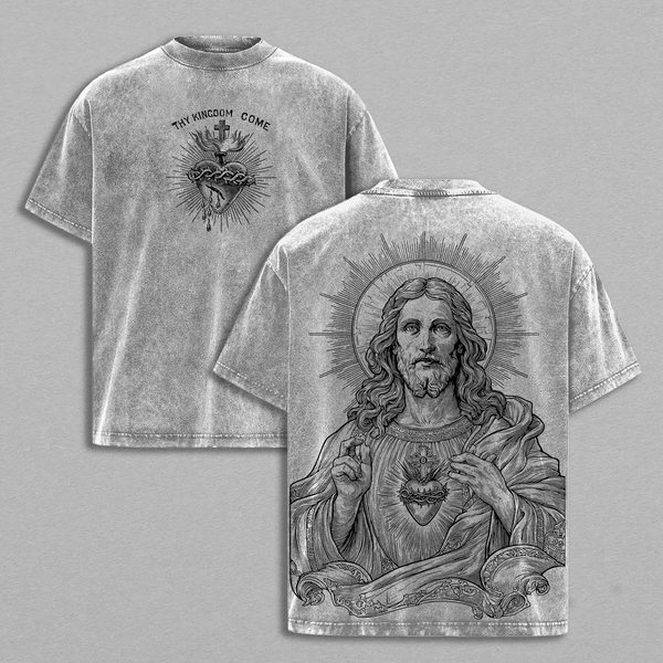Sacred Heart Jesus Shirt / Sweatshirt / Hoodies Vintage Washed Oversized Tee | Christian Streetwear Heavy Cotton T-Shirt | Thy Kingdom Come Front & Jesus Art Back | Faith Inspired Gift Christmas Outfit