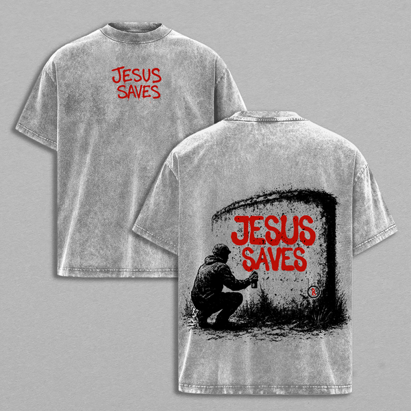 Jesus Saves Vintage Washed Oversized Christian T-Shirt, Graffiti Faith Graphic Tee, Heavy Cotton Streetwear Gospel Top, Unisex Retro Worship Shirt for Believers