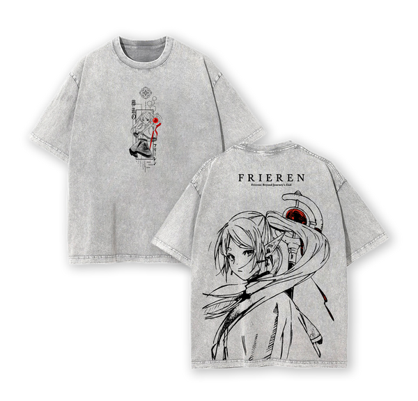 Frieren and Fern 'Beyond Journey's End' Anime Double Printed Acid Wash Tee Unisex Oversize Heavyweight Cotton T-shirt for Anime Fans and Lovers