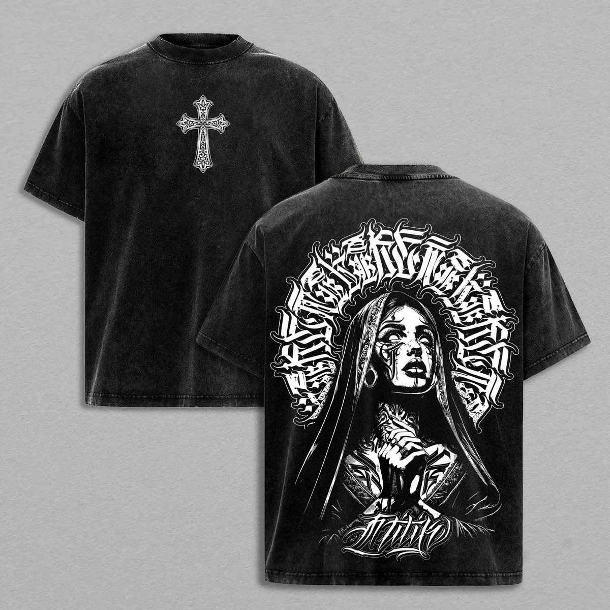 Praying Nun Vintage Washed Tee | Tattoo Art Inspired Streetwear | Glory Threads Faith & Grit Design | Gothic Cross Prayer Graphic Shirt | Urban Christian Aesthetic Tee Jesus Apparel