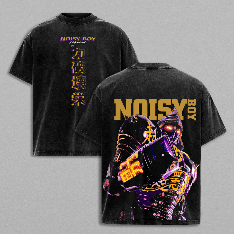 Real Steel Noisy Boy Robot Boxing Fight Scene – Vintage Washed Graphic Tee, Oversized Heavyweight Movie Shirt, Large Back Graphic, Cyberpunk Style Streetwear, High-Quality Cotton Fabric, Unisex, Movie Merch, Gift For Movie Lover
