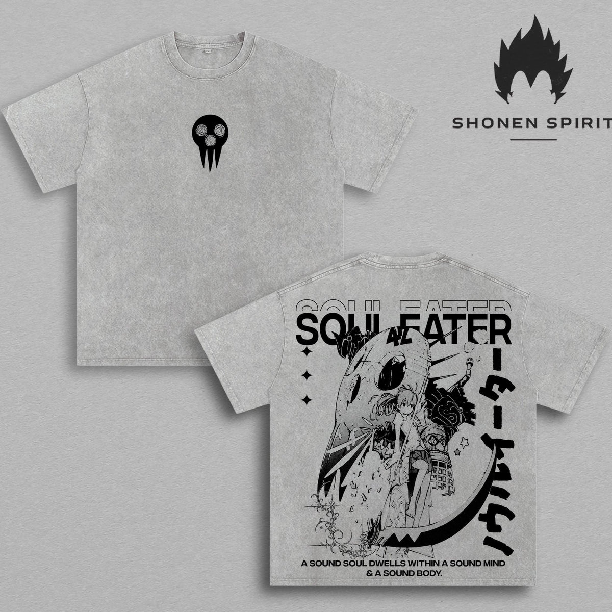 Soul Eater Vintage Washed T-Shirt | Maka Albarn & Soul Eater Evans Anime Graphic Tee | Death Weapon Meister Academy Manga Oversized Heavyweight Cotton Streetwear Unisex Gift