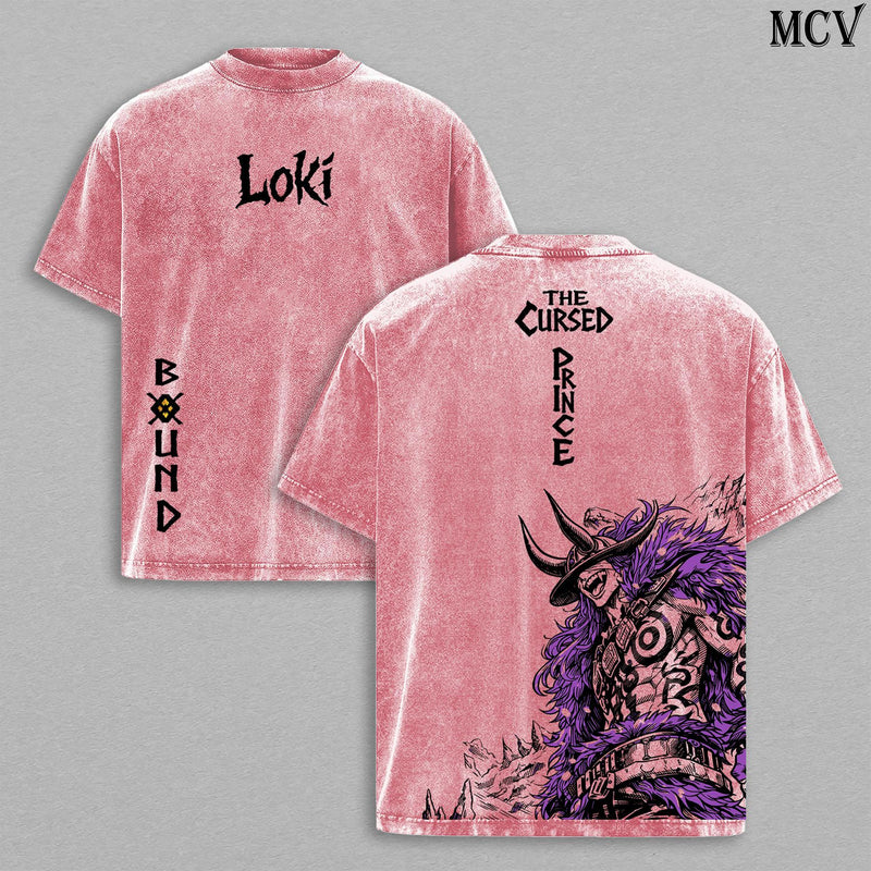 Loki The Cursed Prince Anime Vintage Washed T-Shirt, Bound Mark Graphic Tee, Elbaph Warrior Streetwear Heavy Cotton Shirt
