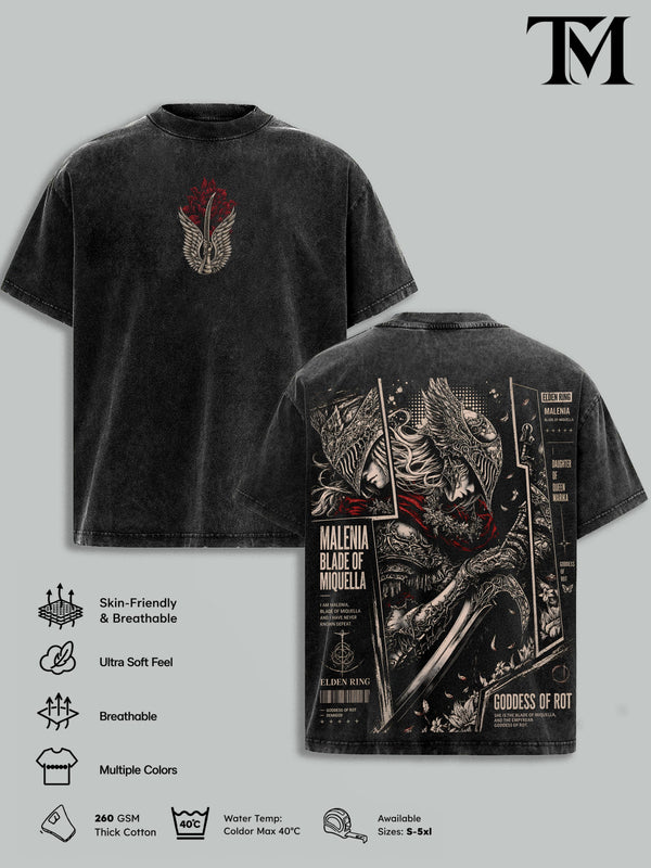Elden Ring Vintage Washed Oversized T-Shirt, Malenia Dark Fantasy Graphic Tee, Tarnished Soulslike RPG Streetwear, Heavyweight Cotton FromSoftware Gamer Merch, Gift for Elden Ring Fans