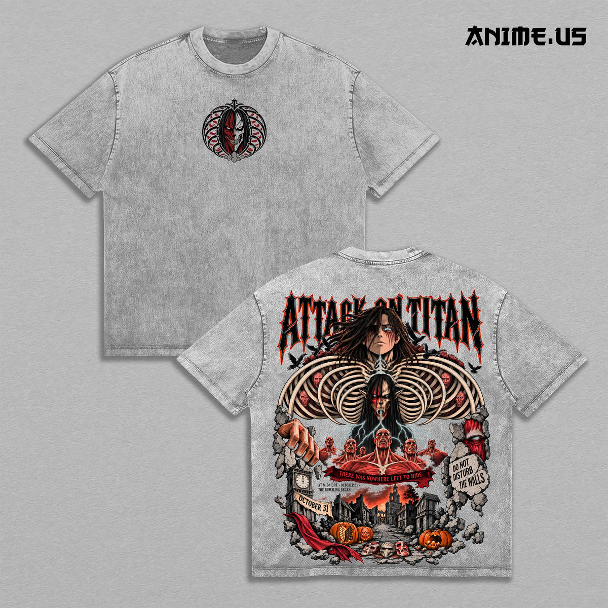 Attack Titan Halloween Vintage Black Wash T-Shirt, Eren Rumbling Skeleton Colossal Titan Horror Anime Back Print Tee, Oversized Heavy Cotton Gym Streetwear, Unisex Manga Fan Gift