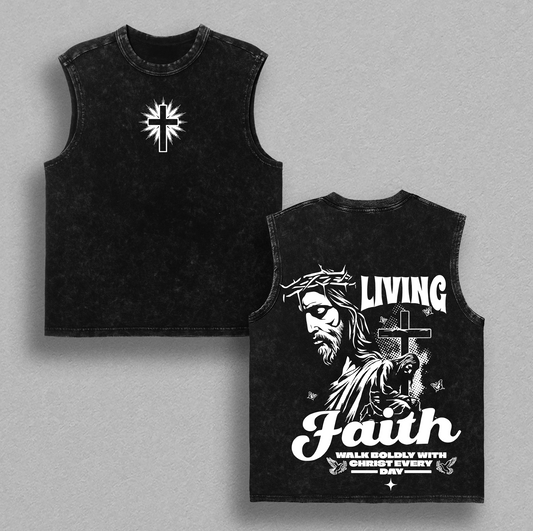 Living Faith Christian T-Shirt | Jesus Cross Graphic Vintage Washed Tee | Walk Boldly With Christ Every Day | Faith Over Fear Religious Streetwear for Believers | Glory Threads Heavy Cotton Tee