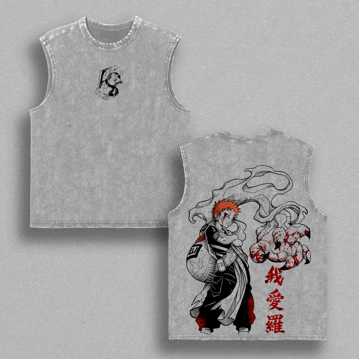 Gaara Vintage Washed Tee – Naruto Anime Double Printed Graphic T-Shirt, Unisex Oversize Anime Manga Streetwear Heavyweight Cotton Wash Tee, Gift for Anime Fans