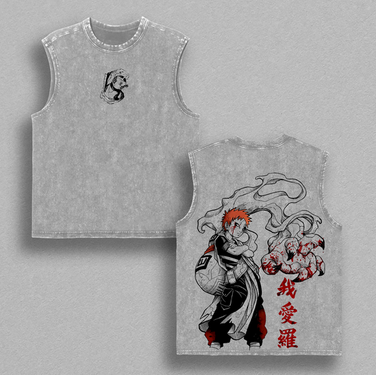 Gaara Vintage Washed Tee – Naruto Anime Double Printed Graphic T-Shirt, Unisex Oversize Anime Manga Streetwear Heavyweight Cotton Wash Tee, Gift for Anime Fans