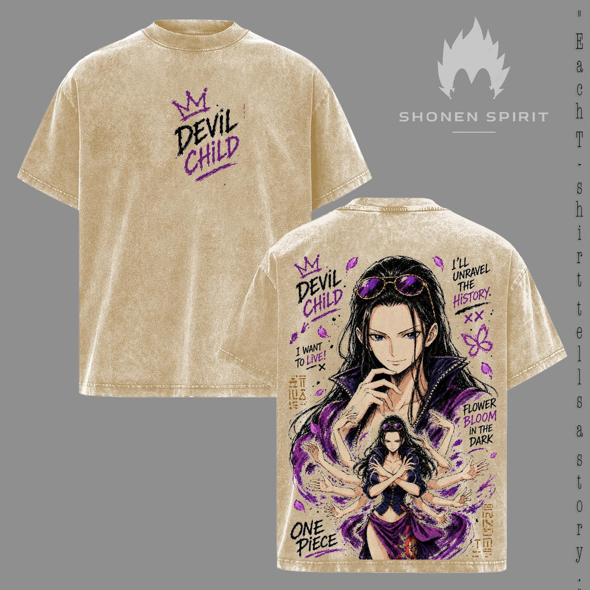 Nico Robin – One Piece Vintage Washed T-Shirt, Devil Child Anime Graphic Tee, Flower Bloom Dark Aesthetic Oversized Heavyweight Cotton Streetwear