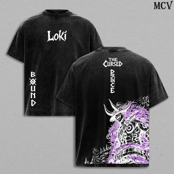 Loki The Cursed Prince Anime Vintage Washed T-Shirt, Bound Mark Graphic Tee, Elbaph Warrior Streetwear Heavy Cotton Shirt