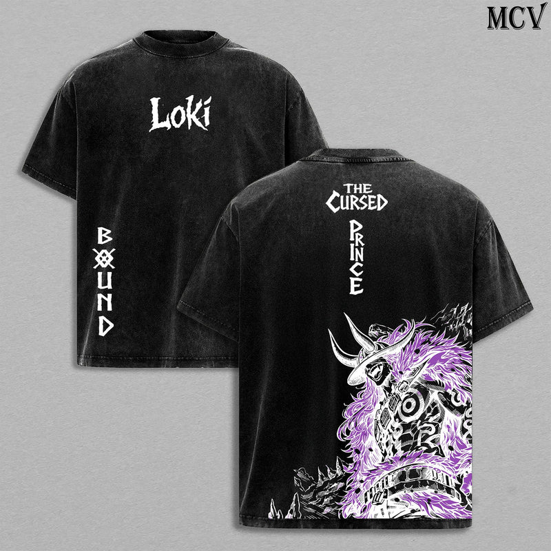 Loki The Cursed Prince Anime Vintage Washed T-Shirt, Bound Mark Graphic Tee, Elbaph Warrior Streetwear Heavy Cotton Shirt