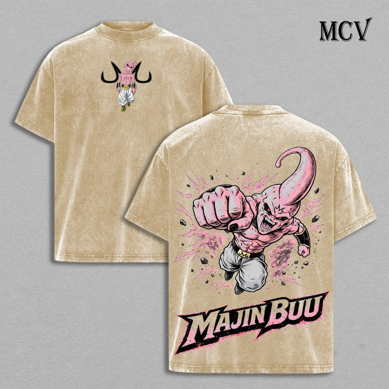 Majin Buu T-Shirt, Dragon Ball Anime Tee, Pink Chaos Graphic Vintage Washed Tee