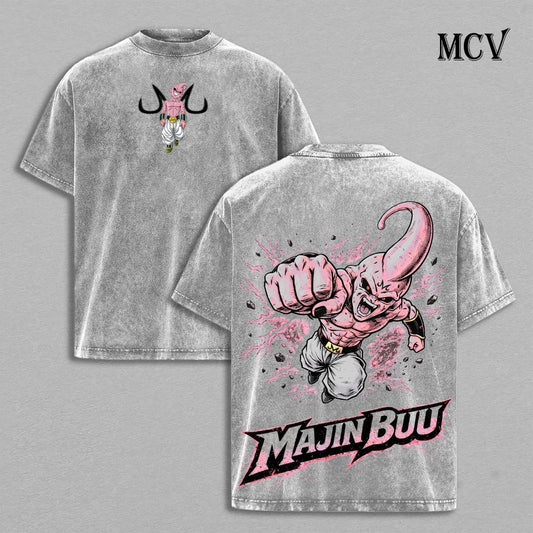 Majin Buu T-Shirt, Dragon Ball Anime Tee, Pink Chaos Graphic Vintage Washed Tee
