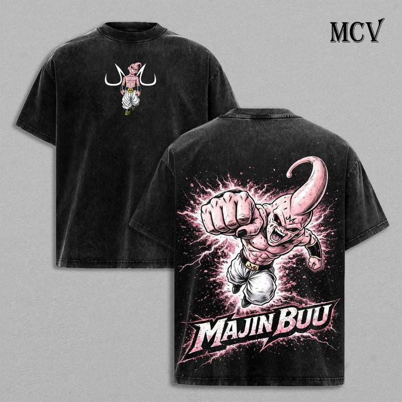 Majin Buu T-Shirt, Dragon Ball Anime Tee, Pink Chaos Graphic Vintage Washed Tee