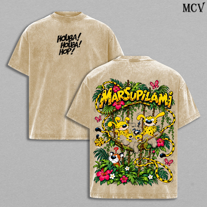 Marsupilami Vintage Washed T-Shirt, Jungle Cartoon Graphic Tee, Oversized Faded Black Retro Streetwear
