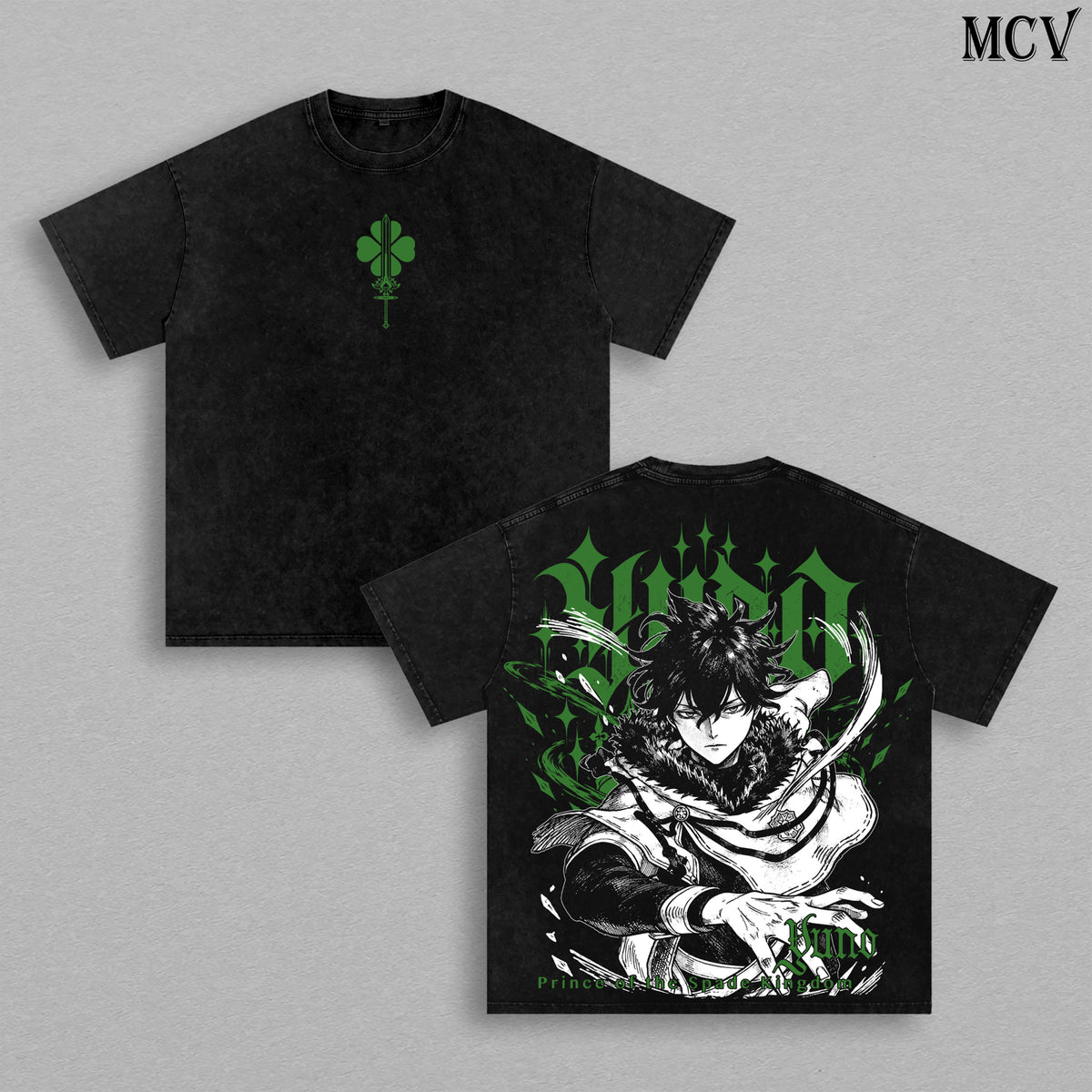 Yuno Black Clover Vintage Washed Oversized T-Shirt, Double-Sided Anime Graphic Tee, Prince of the Spade Kingdom Design, Green Four Leaf Clover Emblem, Retro 90s Y2K Streetwear, Unisex Black Clover Fan Gift