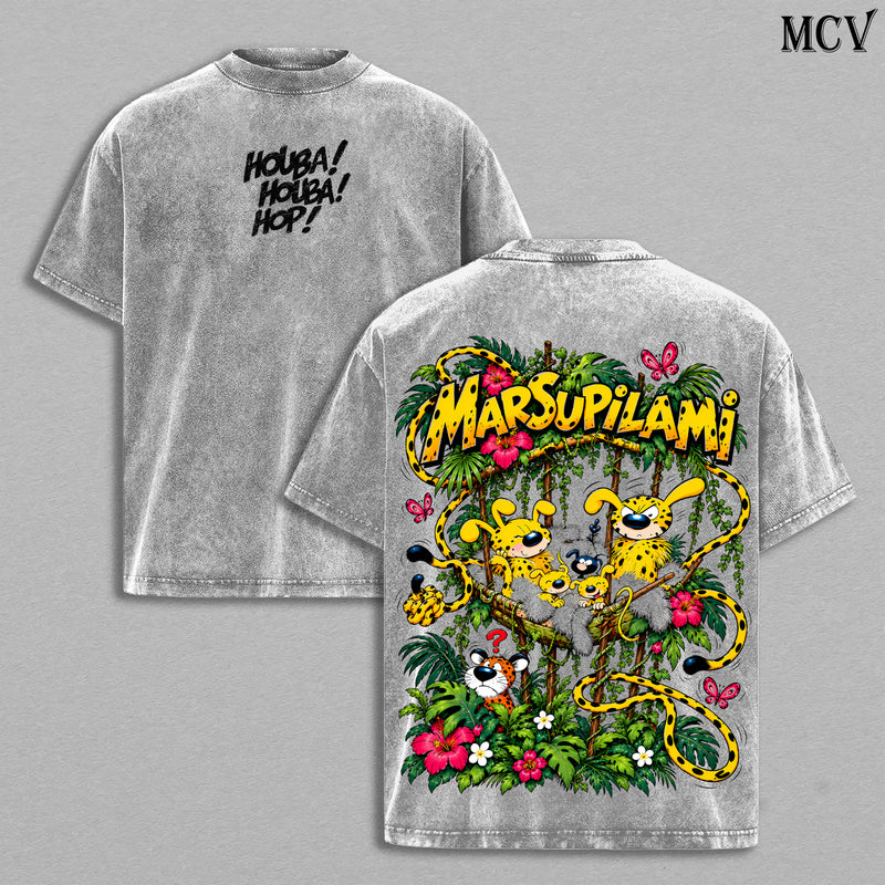 Marsupilami Vintage Washed T-Shirt, Jungle Cartoon Graphic Tee, Oversized Faded Black Retro Streetwear