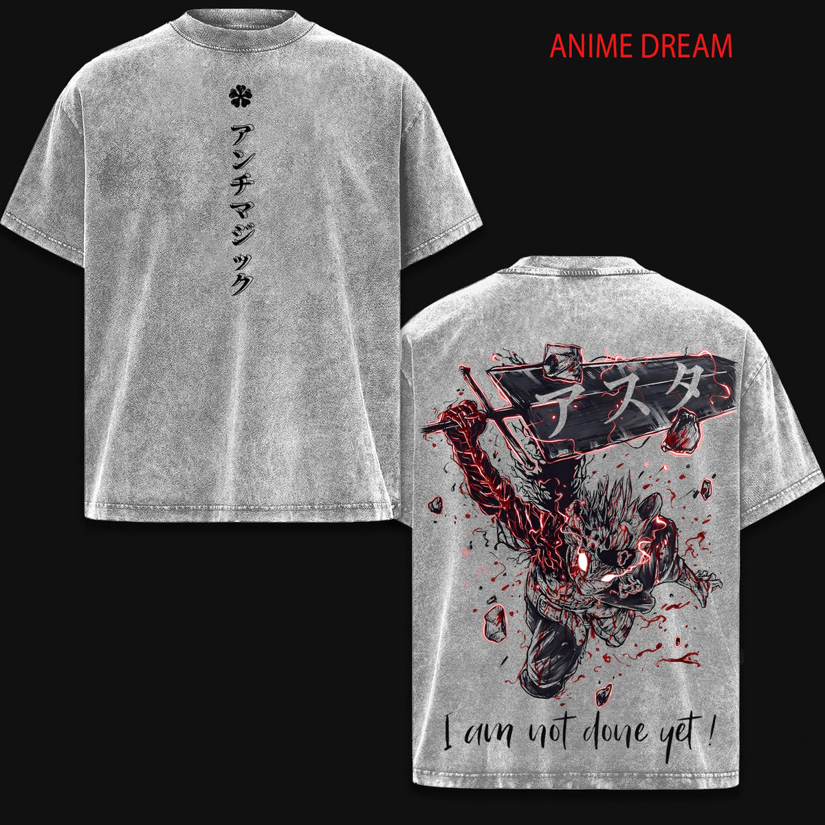 Asta Black Clover Black Bulls Anime Double Printed Vintage Washed Tee Unisex Oversize Anime Manga Washed Heavyweight Cotton T-shirt