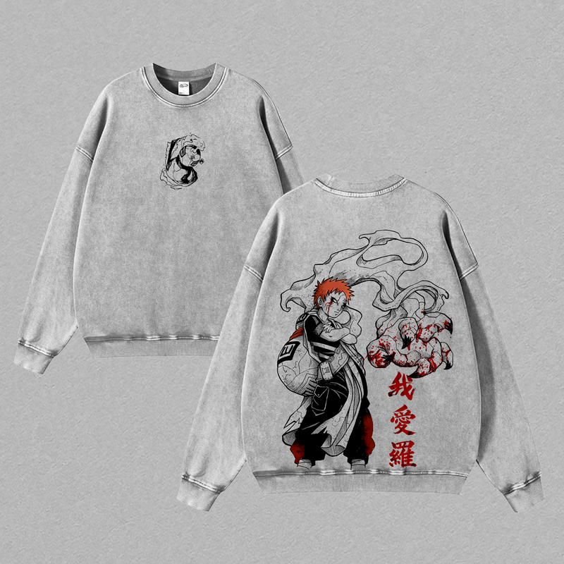 Gaara Vintage Washed Tee – Naruto Anime Double Printed Graphic T-Shirt, Unisex Oversize Anime Manga Streetwear Heavyweight Cotton Wash Tee, Gift for Anime Fans