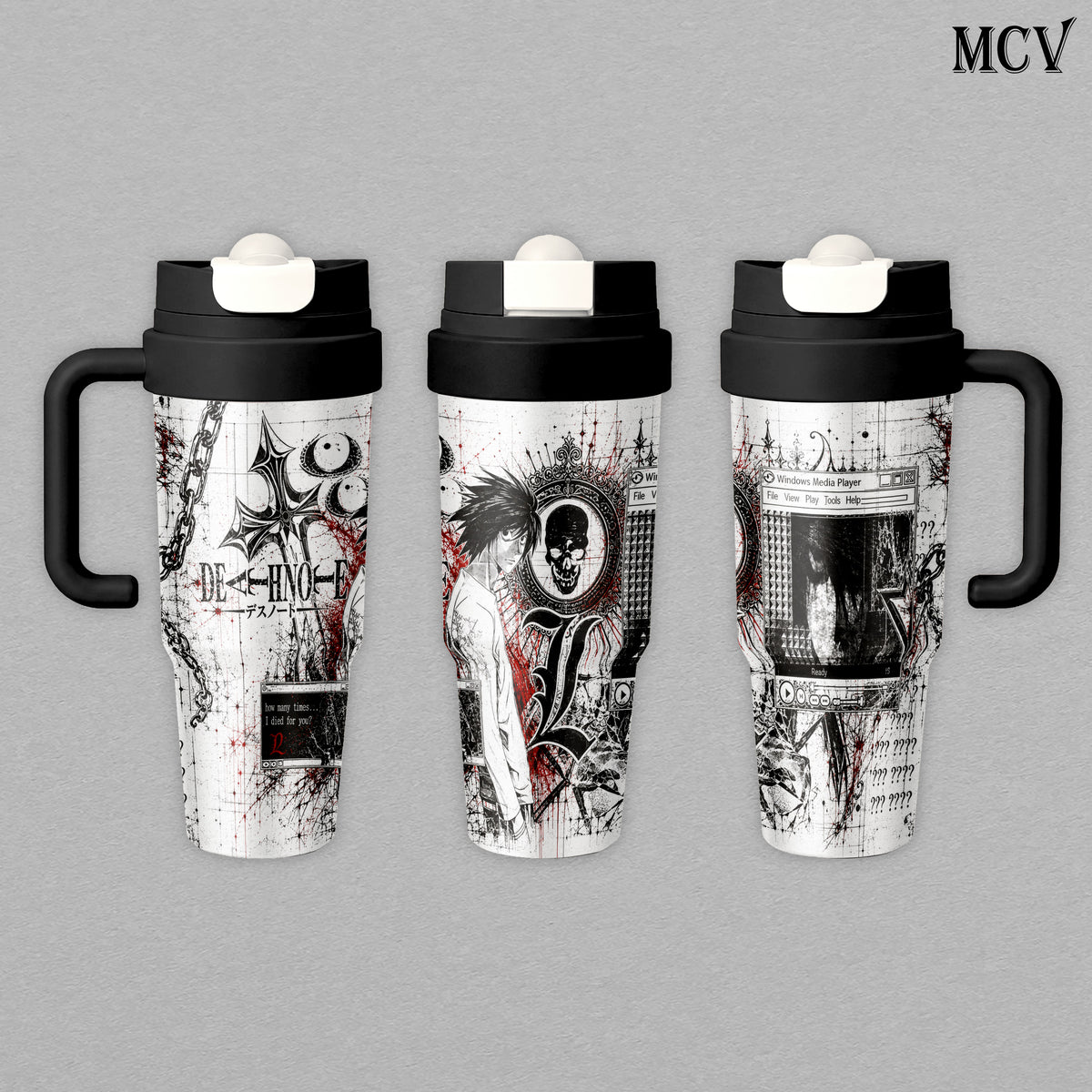 L Lawliet - Death Note Anime - Gothic Skull Chain Y2K Grunge Manga Embossed Raised Art - 17oz 24oz 30oz Insulated Tumbler, Stainless Steel Water Bottle, Straw Cup, Handle Travel Mug